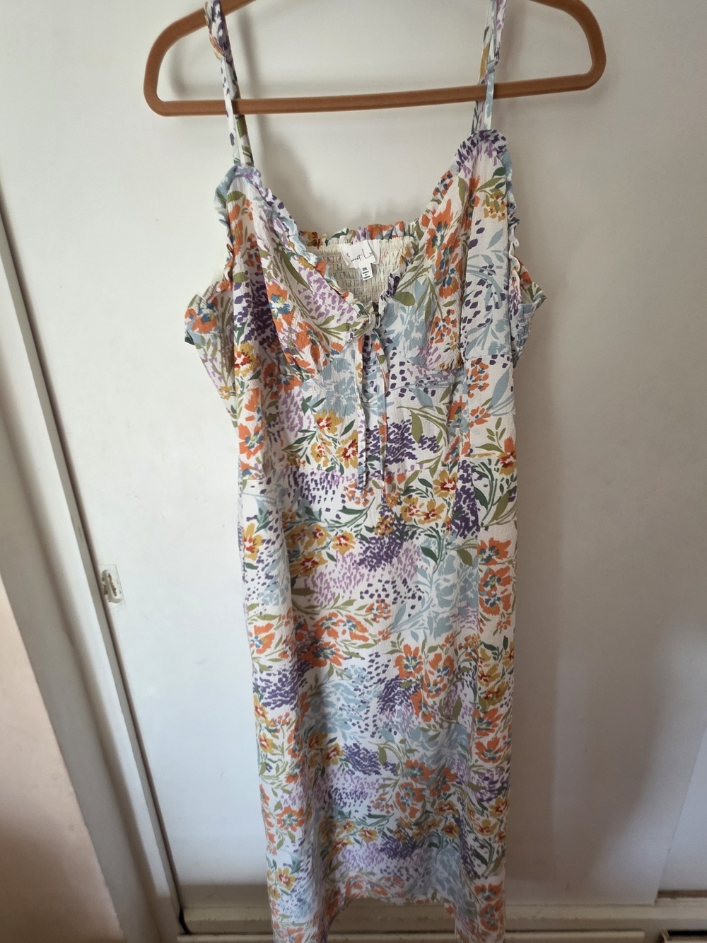 Floral Midi Slip Dress with Spaghetti Straps - Cream Multi